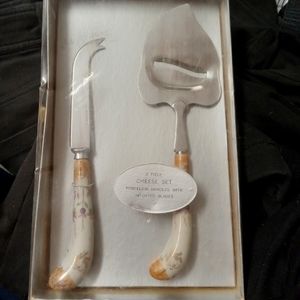 Vintage elegant 2 piece cheese knife set with porcelain handles floral design
